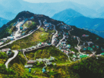 Scenic mountain village with winding roads in Sikkim